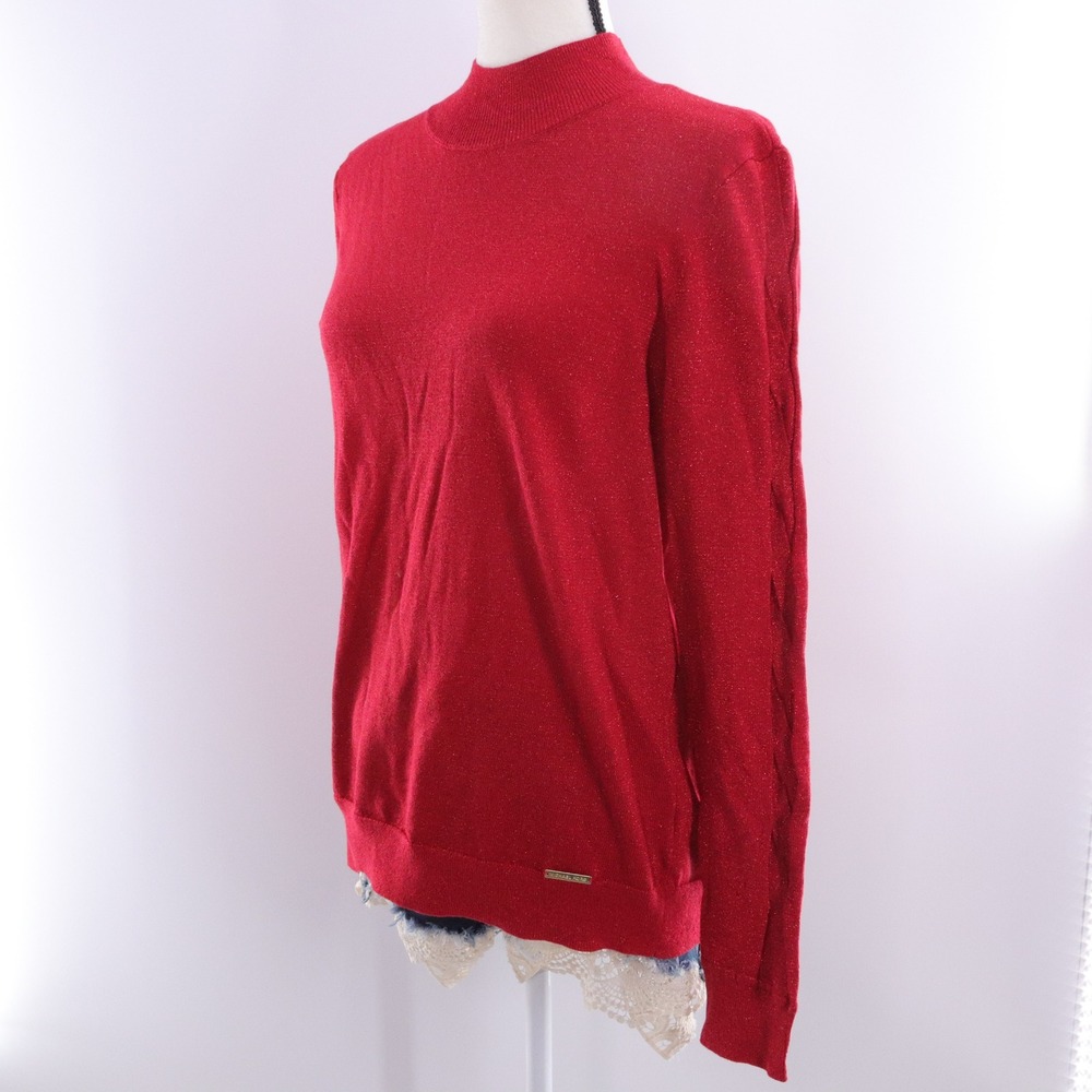 Michael Kors Womens Red Metallic‎ Mock Neck Cable Sleeve Shimmer Sweater Large